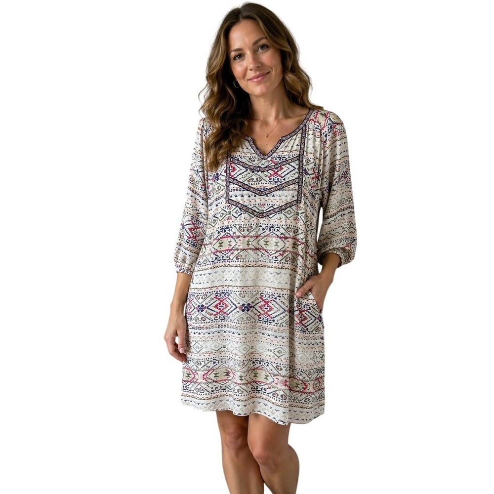 Skies Are Blue Womens Tribal‎ Print Shift Dress Large Cream Multi Excellent Boho